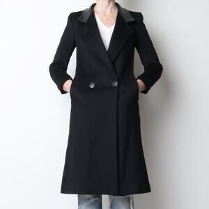 Vintage 1980s Black Wool Fitted Tailored Coat with Leather Collar  XS Petite